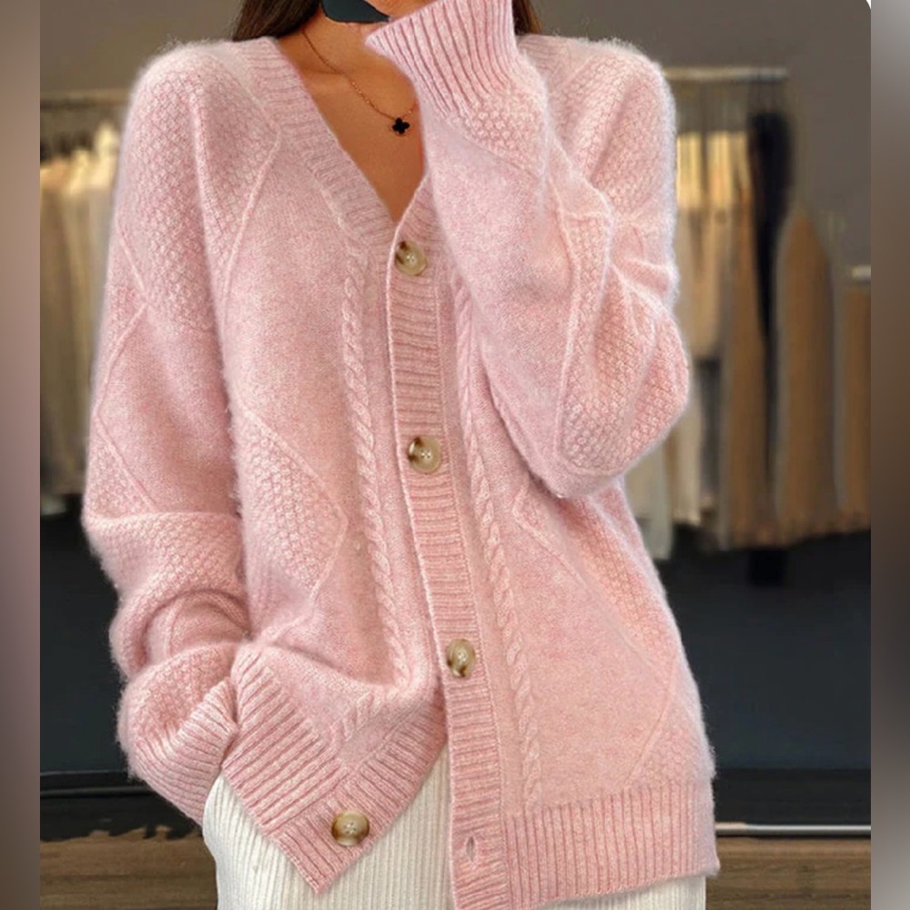 Cozy Pink Cable Knit Cardigan Sweater